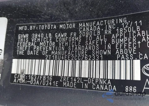 2012 Toyota Corolla Le z USA, uszkodzony, nr VIN 2T1BU4EE2CC762331